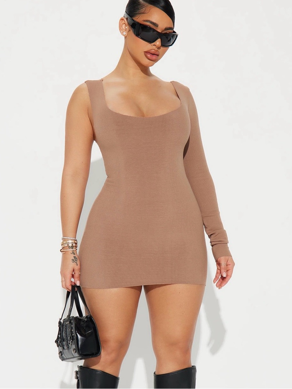 NWOT Fashion Nova One-Sleeve Snatched Mini Dress in Taupe
